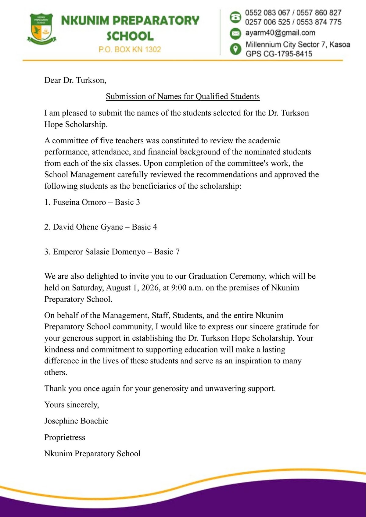 Letter from Nkunim Preparatory School submitting the names of the qualified students for the Dr. Turkson Hope Scholarship