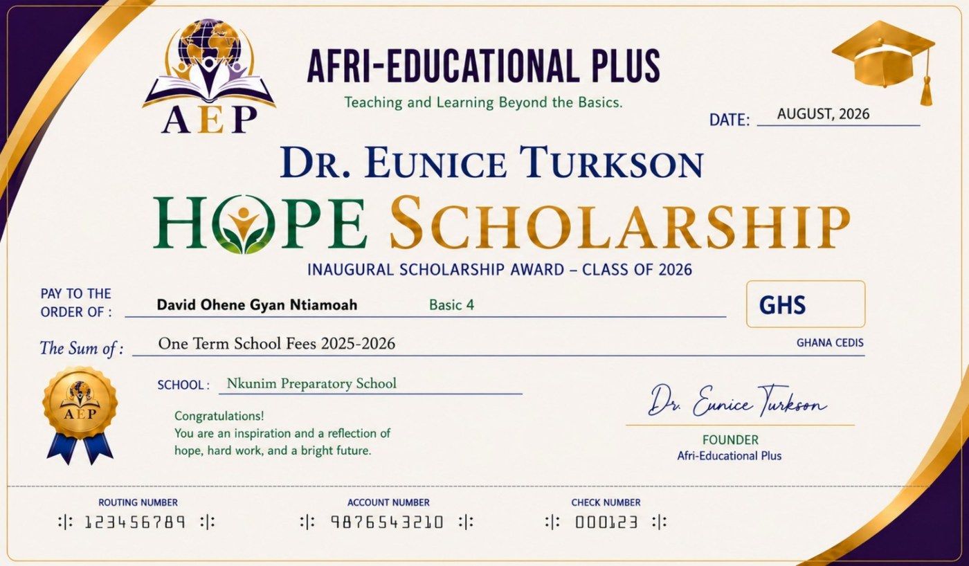 Hope Scholarship award certificate presented to a Basic 4 pupil of Nkunim Preparatory School