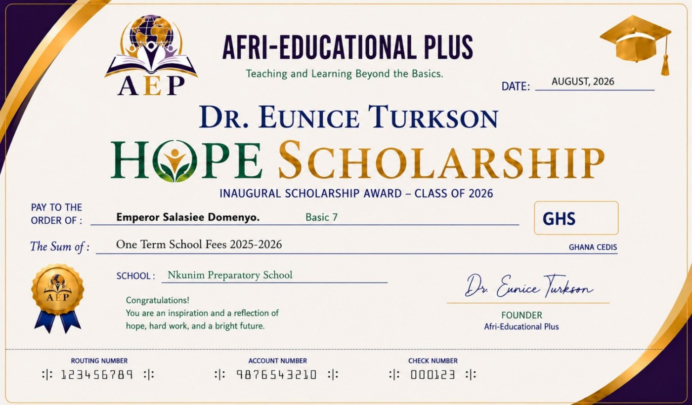Hope Scholarship award certificate presented to a Basic 7 pupil of Nkunim Preparatory School