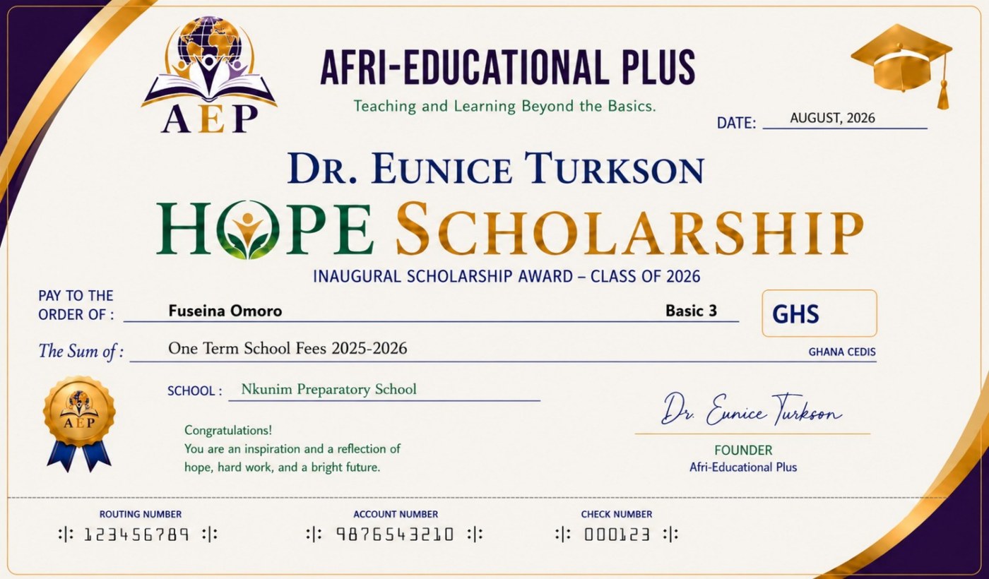 Hope Scholarship award certificate presented to a Basic 3 pupil of Nkunim Preparatory School